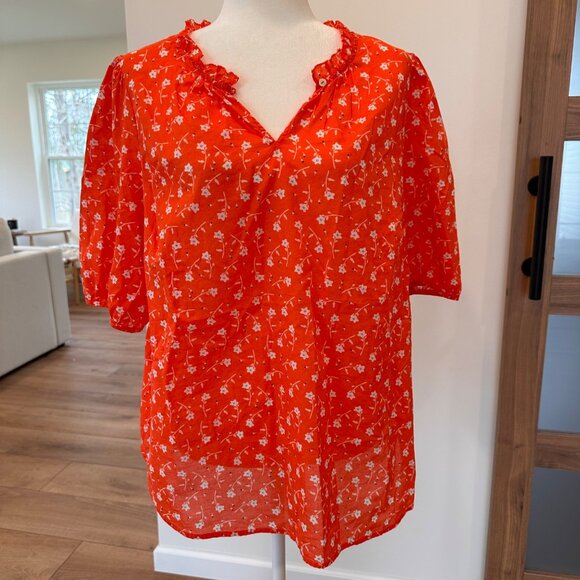 Talbots 2XL Petite Ruffle Popover Top Red Short Puff Sleeve Floral Cotton Summer - Picture 1 of 11